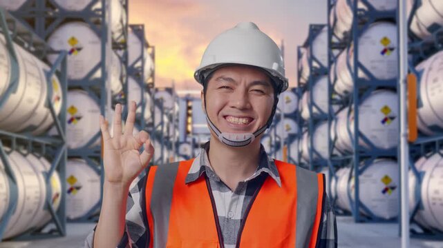 Close Up Of Asian Male Engineer With Safety Helmet Smiling And Showing Okay Gesture To The Camera While Standing at Industrial Chemical Tank Container Storage Facility