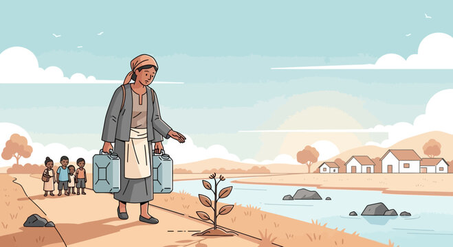 Woman carrying water toward village, children, sapling, river, dry landscape