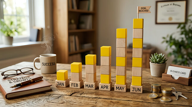Business growth concept with wooden blocks representing monthly progress from january to june, topped with a goal reached flag on a wooden office desk