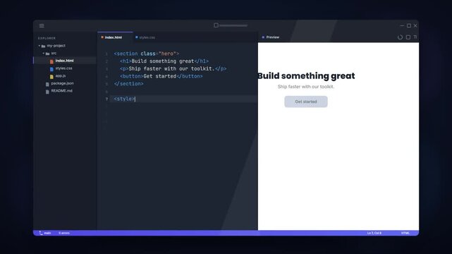 Animated code editor building a web page with live preview of HTML and CSS in real time