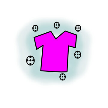 Patr&oacute;n de varias franelas de color violeta rodeada de pelotas de f&uacute;tbol en un fondo transparente 