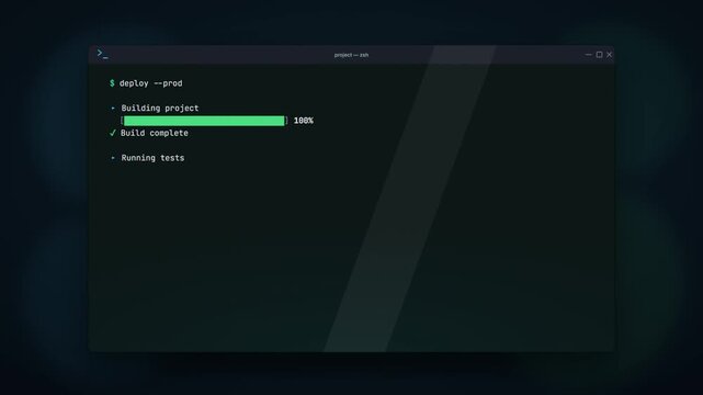 Animated terminal window running deployment command with progress bar and successful build log