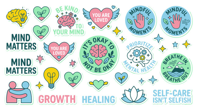 Collection of Mental Health Stickers for Support and Self Care