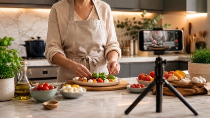 Naklejka premium Woman Cooking Healthy Salad for Live Commerce Influencer Marketing Video