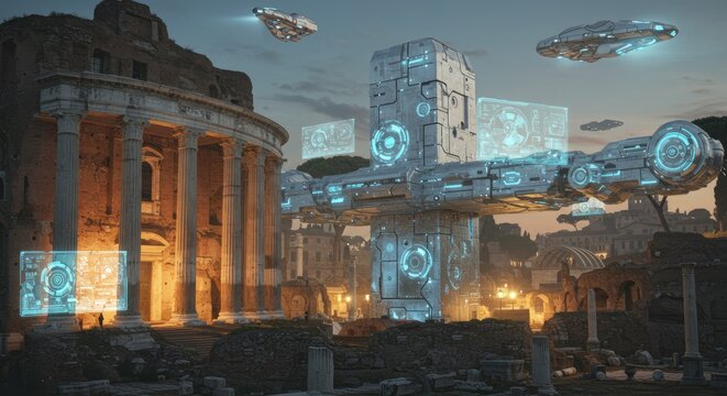 Futuristic cityscape with flying cars technology.