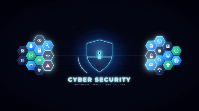 Cyber security concept animation with glowing protection shield and connected technology icons
