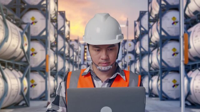 Close Up Of Asian Male Engineer With Safety Helmet Working On A Laptop While Standing at Industrial Chemical Tank Container Storage Facility