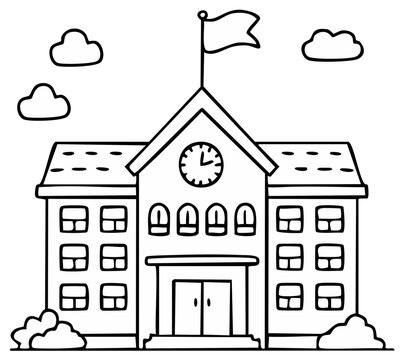 Simple black and white drawing of a school building with a clock tower and flag