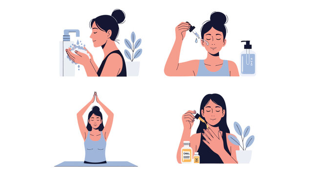 Woman performing daily skincare routine and yoga poses for self-care and wellness.