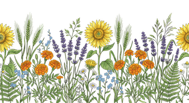 Rustic Watercolor Summer Meadow Border with Sunflowers, Lavender, Marigolds, and Green Wheat for Country Wedding Invitations, Farmhouse Decor, and Seasonal Harvest Festival Banner Designs.
