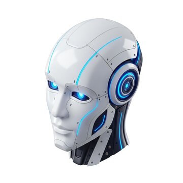 Futuristic robot head with glowing eye and ear detail isolated on white background