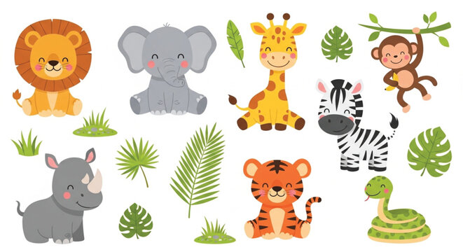 Cute jungle animals vector clipart set with baby safari characters and tropical leaves isolated on white background