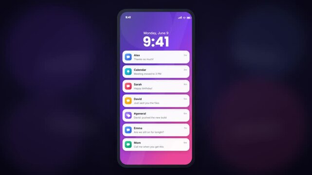 Animated smartphone lock screen with push notifications stacking up on a gradient display