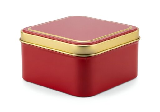 Red square tin box with gold trim isolated on white background isolated on white background
