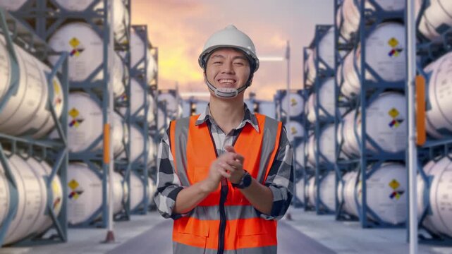 Asian Male Engineer With Safety Helmet Smiling And Clapping His Hands While Standing at Industrial Chemical Tank Container Storage Facility