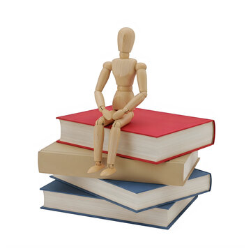 Wooden mannequin sitting on a stack of colorful books isolated on transparent background