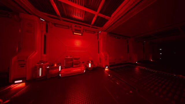red lit military cargo bay interior, metal deck and pallets under emergency red lighting, stacked crates and equipment along bulkheads, tie down rails and hatch