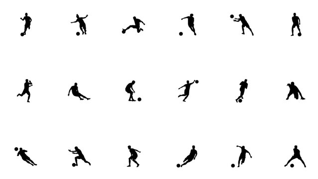 Grid of fifteen black silhouettes showing soccer players dribbling and controlling the ball on a clean white background isolated