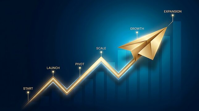 Golden paper airplane ascending on a glowing arrow charting business growth stages from start to expansion.