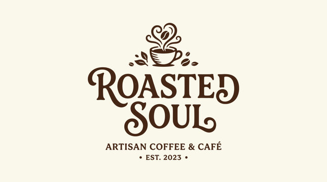 Roasted Soul Artisan Coffee Cafe Logo - Coffee Bean Heart Steam Cup