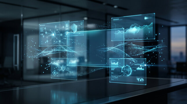 Futuristic digital interface in dark room with neon blue glowing lines and dots on transparent screens for technology