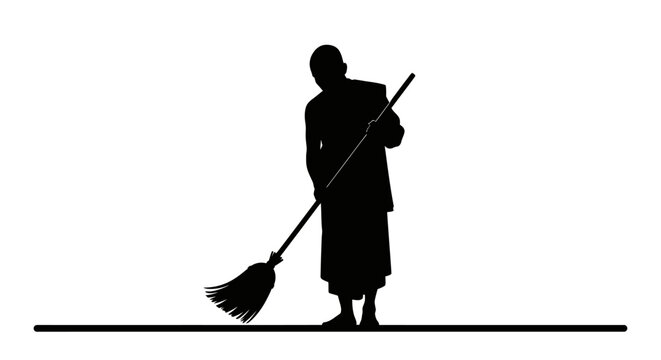 Person Holding Broom Silhouette Icon.