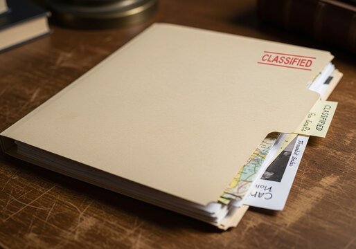 Classified Investigation File Folder on Worn Wooden Desk in Detective Office