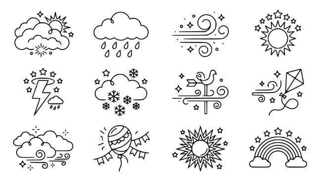 Weather Icons Set: Sun, Clouds, Rain, Snow, Wind, Storm, Kite, Rainbow, Balloon