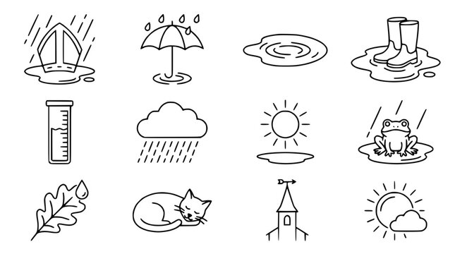 Autumn Weather Icons: Rain, Sun, Frog, Cat, Leaf, Umbrella, Boots, Puddles
