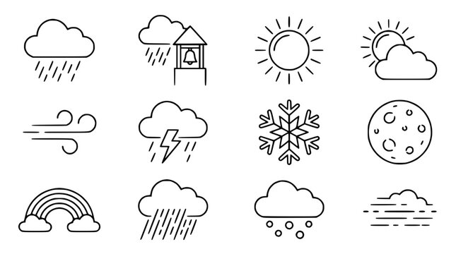 Weather Icons Set: Rain, Sun, Snow, Wind, Moon, Rainbow, Storm, Fog