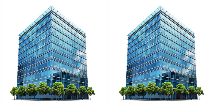 Modern glass office building with a row of green trees at the base, featuring a contemporary architectural design isolated on transparent background
