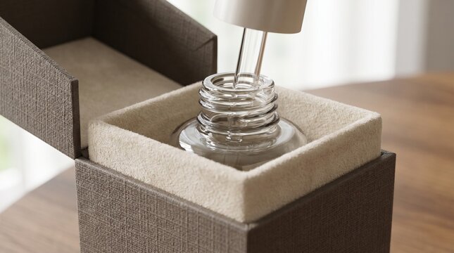 Macro close up of premium cosmetic serum bottle inside elegant textured gift box for luxury beauty treatment product