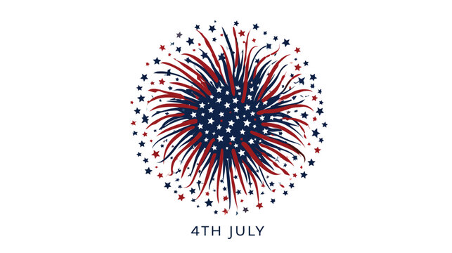 Fireworks display shaped like a circular burst features patriotic red, white, and blue colors and small stars on a clean white background to celebrate the annual American holiday of Independence Day.