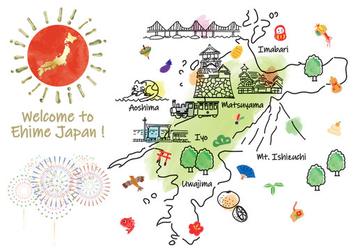 愛媛の観光地かわいい手描き線画イラストマップと縁起物