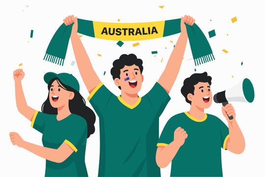 Vector illustration of enthusiastic Australian football supporters celebrating a victory with national colors, fan scarf, cheering crowd, and festive atmosphere. Ideal for soccer tournaments, champion