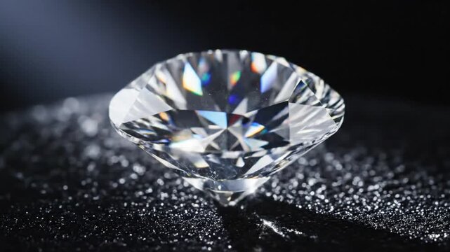 A sparkling brilliant-cut diamond gemstone showcasing vibrant rainbow reflections on a textured dark surface, emphasizing its luxury and beauty.
