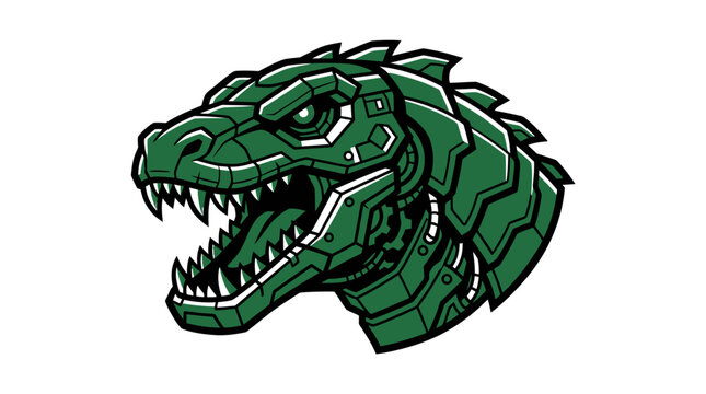 Green Robotic Dinosaur Head with Open Mouth, Sharp Teeth, and Mechanical Details