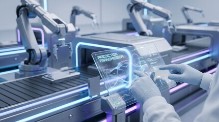 Fototapeta premium Automated Factory Production Line With Robotic Arms Controlled By A Digital Interface For Industrial Manufacturing Optimization