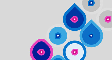 Fototapeta premium Abstract design features colorful teardrop shapes. Blue, pink hues dominate light gray background. Minimalist, modern aesthetic.