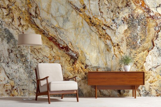 Contemporary interior setting features a striking natural stone feature wall with mid-century modern furniture