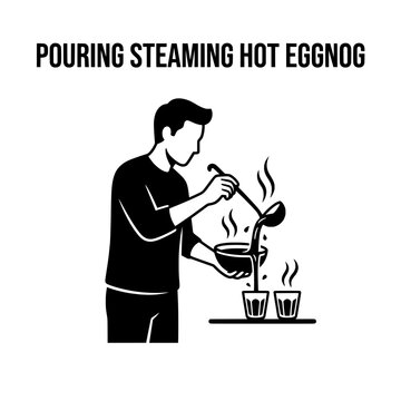 Man pouring steaming hot eggnog into glasses for holiday celebration.