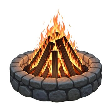 Raging campfire burning in a stone fire pit isolated on white background
