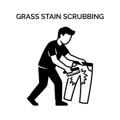 Naklejka premium Man Scrubbing Grass Stain from Pants Cleaning Clothes Laundry Task.