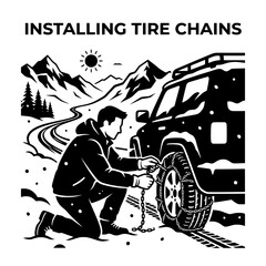 Fototapeta premium Man Installing Tire Chains on SUV in Snowy Winter Conditions.