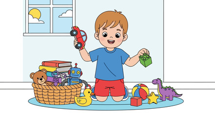 Naklejka premium Young Boy Playing with Toys.