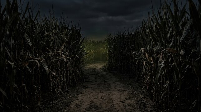 A cornfield at midnight, the stalks towering, rustling despite no wind. A dirt path disappears into the darkness between rows. A faint, sourceless glow emanates from deep within.
