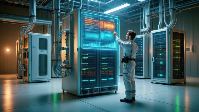 Engineer interacting with high-tech server rack in futuristic data center showcasing advanced digital infrastructure and cybersecurity systems
