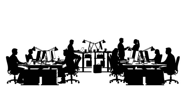 Silhouetted Office Workers at Desks.