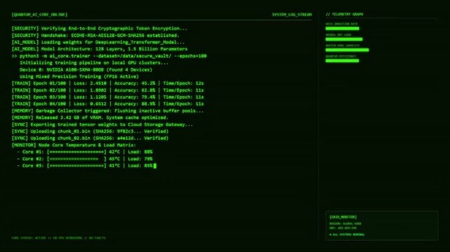 Quantum AI Core Neural Network Dashboard With Telemetry Graph and Machine Learning Animation.
