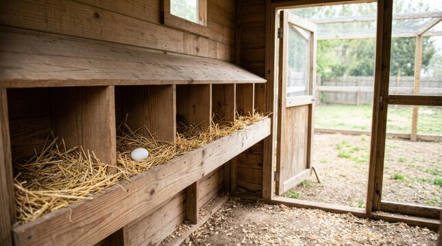 A chicken coop with no chickens, the nesting boxes filled with clean straw. A single egg sits in one nest, perfectly white, unbroken. The door to the outside run is open, revealing an empty yard.